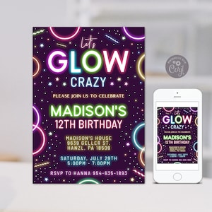 Glow Party Invitation, EDITABLE Glow Party Birthday Invitation, Glow Birthday Invite, Printable invitation DIGITAL Instant Download GN1