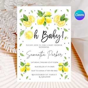 Convite editável para chá de bebê com limão, convite para chá de bebê Oh, tema limão para impressão, download do Canva, modelo digital para chá de bebê, LS3
