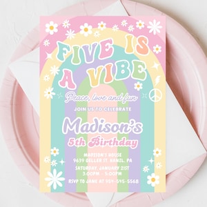 Faire-part 5e anniversaire groovy, invitation rétro modifiable, Five is a Vibe Party, anniversaire d'une adolescente, modèle de toile, imprimable à télécharger, GR1