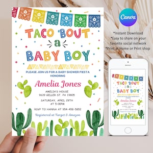 Fiesta Baby Shower Invitation, Editable Taco &#39;Bout a Baby Boy Invite, Mexican Theme Party Template, Canva Printable, Instant Download, FM5