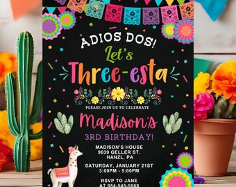 Fiesta Birthday Invitation, EDITABLE Girl Three-esta birthday invitation, Adios dos invite Mexican invitation, INSTANT DOWNLOAD, FM2