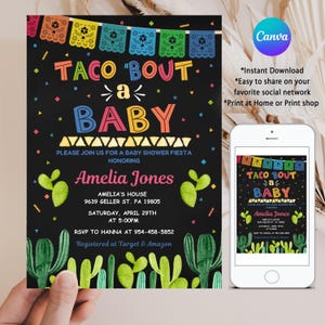 Fiesta Baby Shower, EDITABLE Taco &#39;Bout a Baby Invitation, Mexican Theme Template, Chalkboard Background, Printable INSTANT DOWNLOAD, FM6