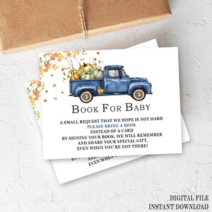 Carte de demande de livre citrouille, baby shower citrouille, carte de demande de livre, apportez un livre, livre de camion bleu pour bébé, cartes imprimables, PBT