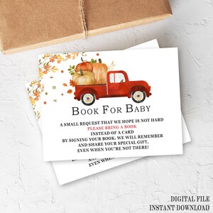 Carte de demande de livre citrouille, baby shower citrouille, carte de demande de livre, apportez un livre, livre de camion rouge pour bébé cartes à imprimer, PRT