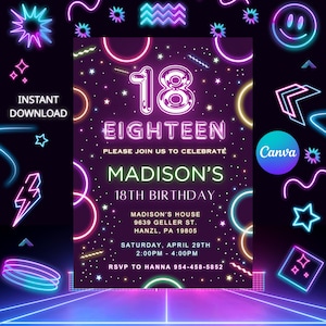 Glow Party Invitation, EDITABLE 18th Birthday Invitation, Blacklight Birthday Invite, Neon Bday Invites, Any Age, Neon Lights Template, GN1