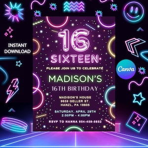 Glow Party Invitation, EDITABLE 16th Birthday Invitation, Blacklight Birthday Invite, Neon Bday Invites, Any Age, Neon Lights Template, GN1