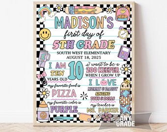 May include: A rectangular poster with a black and white checkered border featuring the text Madison's first day of 5th Grade, South West Elementary, August 18, 2025. The design includes colorful illustrations of a pencil, backpack, smiley face, and flowers.