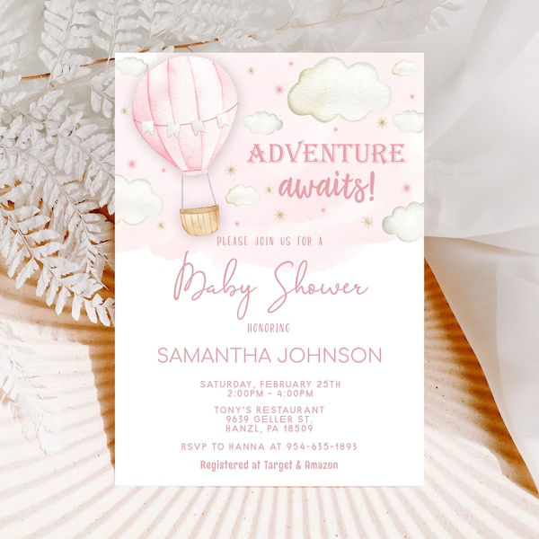 Hot Air Balloon Baby Shower invitation EDITABLE Adventure Awaits Baby Shower Invitation, Balloon invitation PRINTABLE Instant Download, PH1
