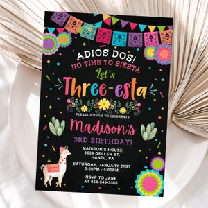 Verjaardagsuitnodiging Fiesta, BEWERKBARE verjaardagsuitnodiging drie-esta, Mexicaanse kaart drie-esta, sjabloon meisje Fiesta, Instant Download, FM2