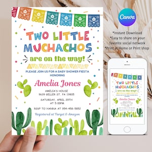 Two Little Muchachos are on the way Invitation EDITABLE Baby Shower Invite Mexican Theme Twins Template Fiesta Digital INSTANT DOWNLOAD FM5