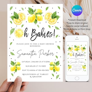 Convite editável para chá de bebê com limão, convite para chá de bebê de gêmeos Oh Babies, tema de limão para impressão, download instantâneo, modelo Citrus Canva, LS3