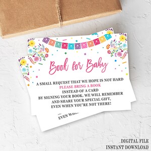 Carte de demande de livre Fiesta, Fiesta Baby Shower, carte de demande de livre, apportez un livre, livre fête mexicaine pour bébé, cartes imprimables, FS1