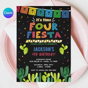 Fiesta 4e verjaardagsuitnodiging, BEWERKBARE Mexicaans thema uitnodigen, Time Four Fiesta, schoolbordachtergrond, digitaal AFDRUKBAAR, download FM6