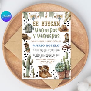 Bewerkbare cowboyverjaardagsuitnodiging, Spaanse westernfeestuitnodiging, bierlaarzen en gejuich Hoedown, rustiek thema van het oude wilde westen, download, CW5
