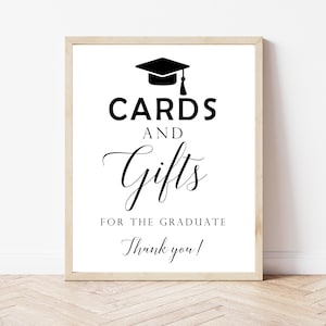 Afstudeerkaarten en geschenkenbord, minimalistisch zwart-wit afstudeerbord, feestdecor direct downloaden, bordjes op tafel, 4 maten beschikbaar, GBW