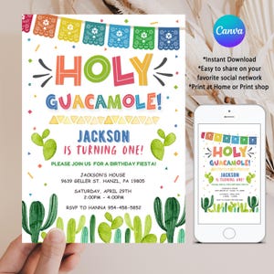 Heilige guacamole verjaardagsuitnodiging, BEWERKBARE Fiesta uitnodiging, aanpasbaar elke leeftijd, Mexicaans thema, afdrukbare digitaal, INSTANT DOWNLOAD, FM5
