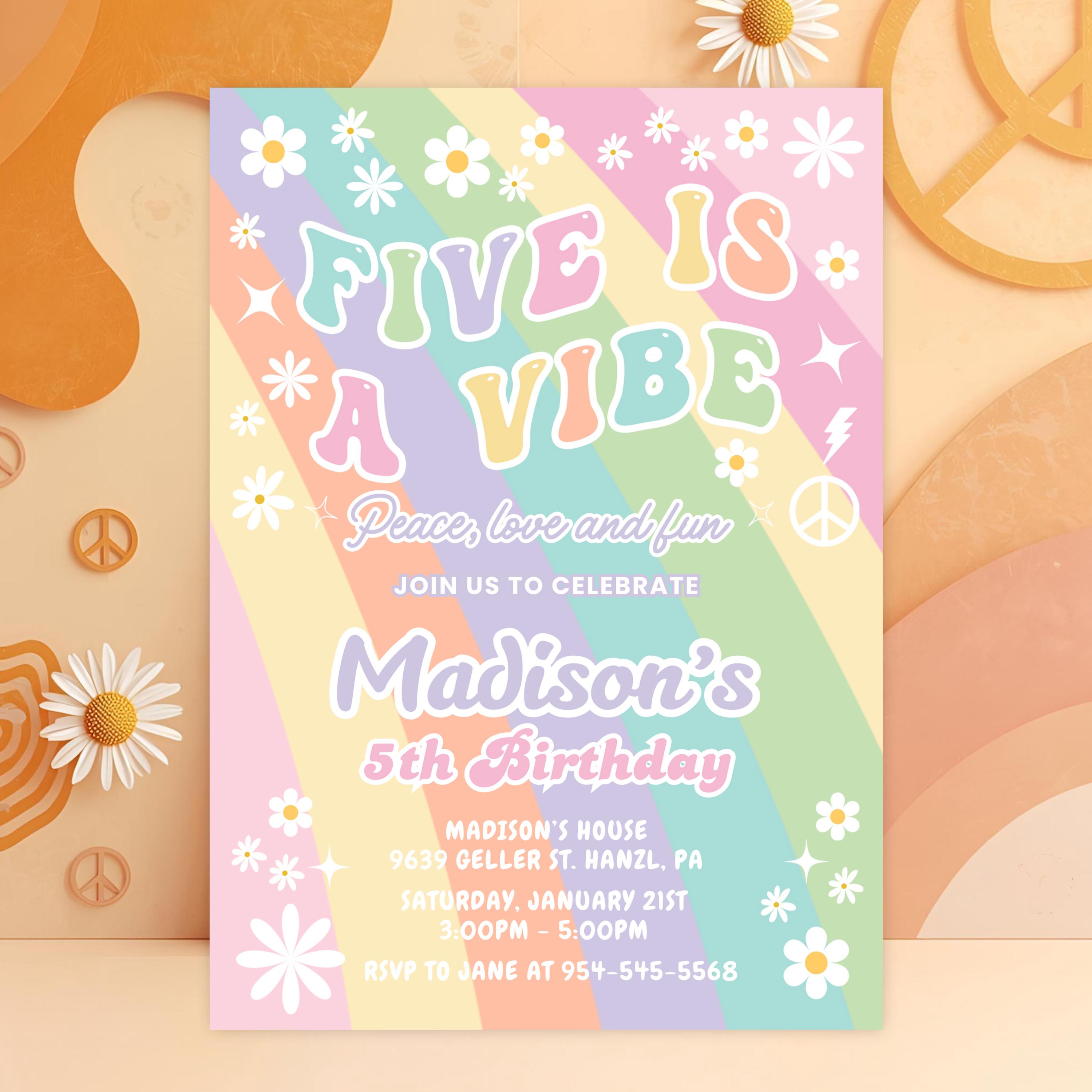 K KUMEED Groovy Party-Dekoration Zum 5. Geburtstag – Hippie-Regenbogen-Motive, Hängende Wirbel, 20-teilig
