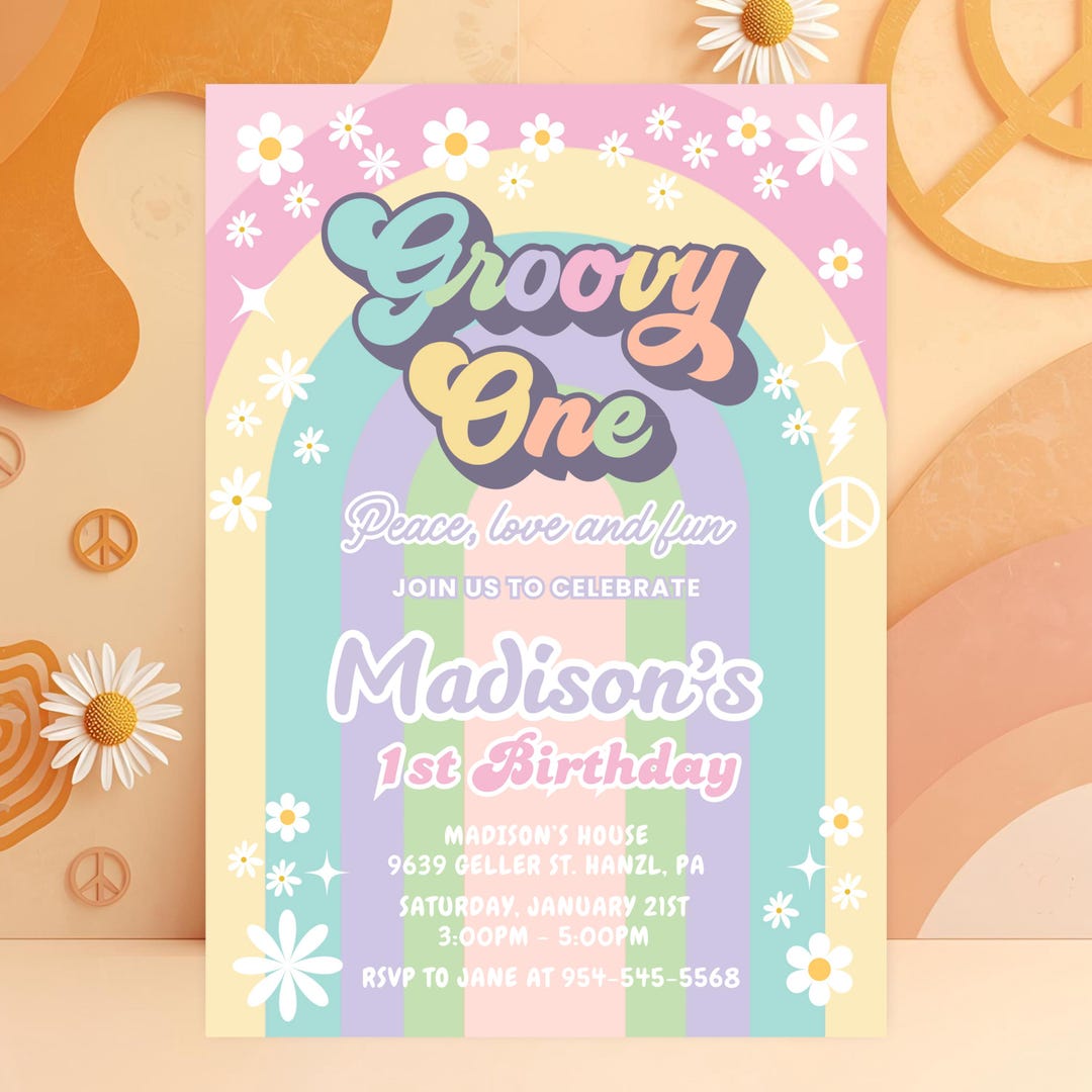 Editable Groovy 1st Birthday Invitation | Retro Daisy Rainbow Party ...