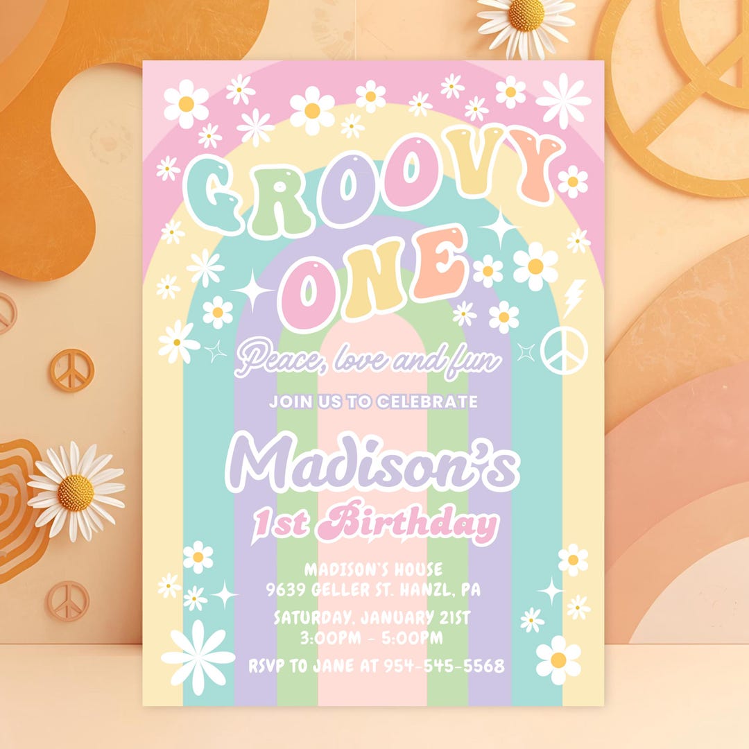Editable Groovy First Birthday Invitation | Retro Daisy Rainbow Party ...