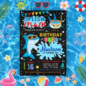 Faire-part d'anniversaire Splash Splash, invitation à une fête de piscine modifiable, anniversaire d'été à imprimer, faire-part requin, carte sous la mer, téléchargement SC1