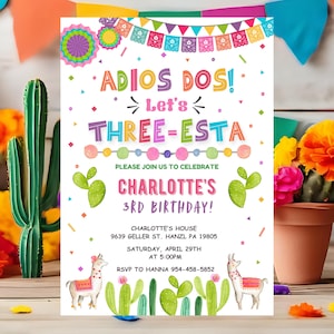 Fiesta Birthday Invitation, EDITABLE Three-esta birthday invite, Adios dos invitation Printable Mexican Template, INSTANT DOWNLOAD FM3