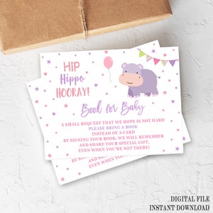 Carte de demande de livre d'hippopotame, douche de bébé d'hippopotame, carte de demande de livre, apportez un livre, livre imprimable pour cartes de bébé, HBS