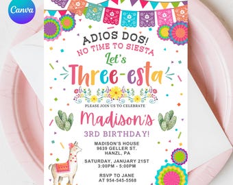 Fiesta Birthday Invitation, EDITABLE Three-esta Birthday invite, Mexican Three-esta Card, Girl Fiesta Template, Instant Download FM1