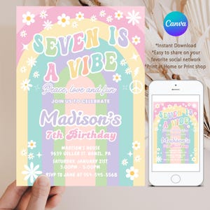 Groovy Girl 7th Birthday Invitation, Editable Retro Invite, Seven Is a Vibe Party, 7th Birthday Canva Template, Instant Download, GR1