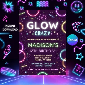 Glow Party Invitation, EDITABLE Glow Birthday Invitation, Printable Glow Birthday Invite, Canva Template, DIGITAL Instant Download GN1