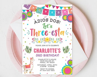 Fiesta Birthday Invitation, EDITABLE Three-esta birthday invitation, Adios dos invitation Printable Mexican invitation, INSTANT DOWNLOAD FM1