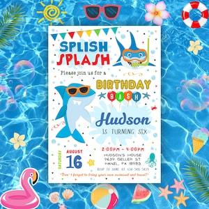 Splish Splash Geburtstagseinladung, bearbeitbare Poolparty einladen, bedruckbarer Sommergeburtstag, Haifisch-Einladung, unter der Meereskarte, Download SS1