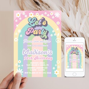 Convite de aniversário editável Groovy, convite para festa retrô dos anos 70, Let’s Party Groovy para impressão, download instantâneo, modelo DIY, GR8