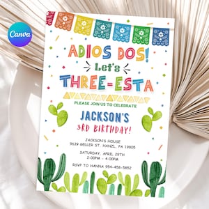 Convite para festa de 3 anos, convite EDITÁVEL para três anos, modelo para impressão Adios dos, cartão com tema mexicano, DOWNLOAD INSTANTÂNEO digital FM5