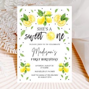Lemon Birthday Invitation, Editable Canva Template, Sweet One Birthday, 1st Birthday Girl, Lemon Theme Party, Instant Download Printable LS3