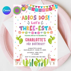 Convite de aniversário de festa, convite de aniversário de três esta EDITÁVEL, convite Adios dos, modelo mexicano para impressão, DOWNLOAD INSTANTÂNEO FM3