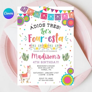 Fiesta Birthday Invitation, EDITABLE Four-esta Birthday Invite, Girl 4th Birthday Template Printable Mexican Card, INSTANT DOWNLOAD FM1