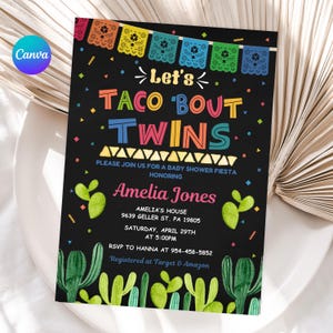 Fiesta babyshower, BEWERKBARE Let's Taco 'Bout Twins-uitnodiging, Mexicaanse themasjabloon, afdrukbare digitale kaart canva, INSTANT DOWNLOAD, FM6