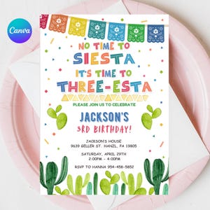 Drie Esta verjaardagsuitnodiging BEWERKBARE Fiesta 3e verjaardag uitnodigen No Time To Siesta Mexican sjabloon afdrukbare digitale Instant Download FM5