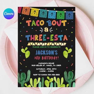 Taco 'Bout a Party-uitnodiging, BEWERKBARE drie-esta verjaardagsuitnodiging, Mexicaans thema sjabloon 3e verjaardag, afdrukbare INSTANT DOWNLOAD FM6