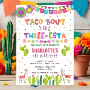 Taco &#39;Bout a Party Invitation, EDITABLE Three-esta birthday invite, Mexican Girl 3rd Birthday Fiesta, Canva Template INSTANT DOWNLOAD FM3