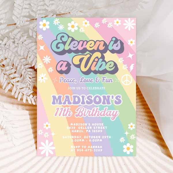 Groovy 11th Birthday Invitation EDITABLE Eleven is a Vibe invitation Retro Invite Eleventh birthday invite INSTANT DOWNLOAD Printable GR7