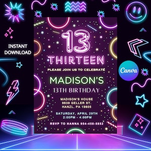 Glow Party Invitation, EDITABLE 13th Birthday Invitation, 13 Birthday Glow Birthday, Printable invite, Any Age, DIGITAL Instant Download GN1