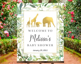 Safari Baby Shower Welcome Sign, EDITABLE Gold Safari Animal Baby Shower Welcome Sign, Gold Jungle Baby Shower Sign, Printable Welcome Sign