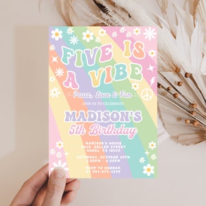 Groovy 5th Birthday Invitation, EDITABLE Five is a Vibe invitation, Retro Invite, Fifth birthday invite, INSTANT DOWNLOAD Printable, GR2