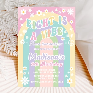 Groovy 8th Birthday Invitation, EDITABLE Eight is a Vibe Invitation, Retro Invite, Eighth Birthday Template, INSTANT DOWNLOAD Printable, GR1