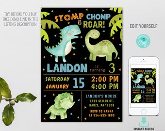 Dinosaur Birthday Invitation, EDITABLE Dinosaur invitation, Dino Theme, Dinosaur Invite, INSTANT DOWNLOAD Printable