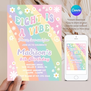Groovy Einladung zum 8. Geburtstag, bearbeitbare Retro-Einladung, Acht ist eine Vibe-Party, Mädchen-Geburtstag, Canva-Vorlage, sofortiger Download druckbar, GR2