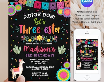 Fiesta Birthday Invitation, EDITABLE Girl Three-esta birthday invitation, Adios dos invite Mexican invitation, INSTANT DOWNLOAD, FM2