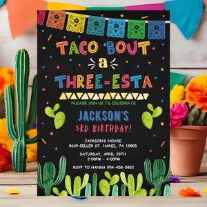 Taco &#39;Bout a Party Invitation, EDITABLE Three-esta birthday invite, Mexican Theme 3rd Birthday Template, Printable INSTANT DOWNLOAD FM6