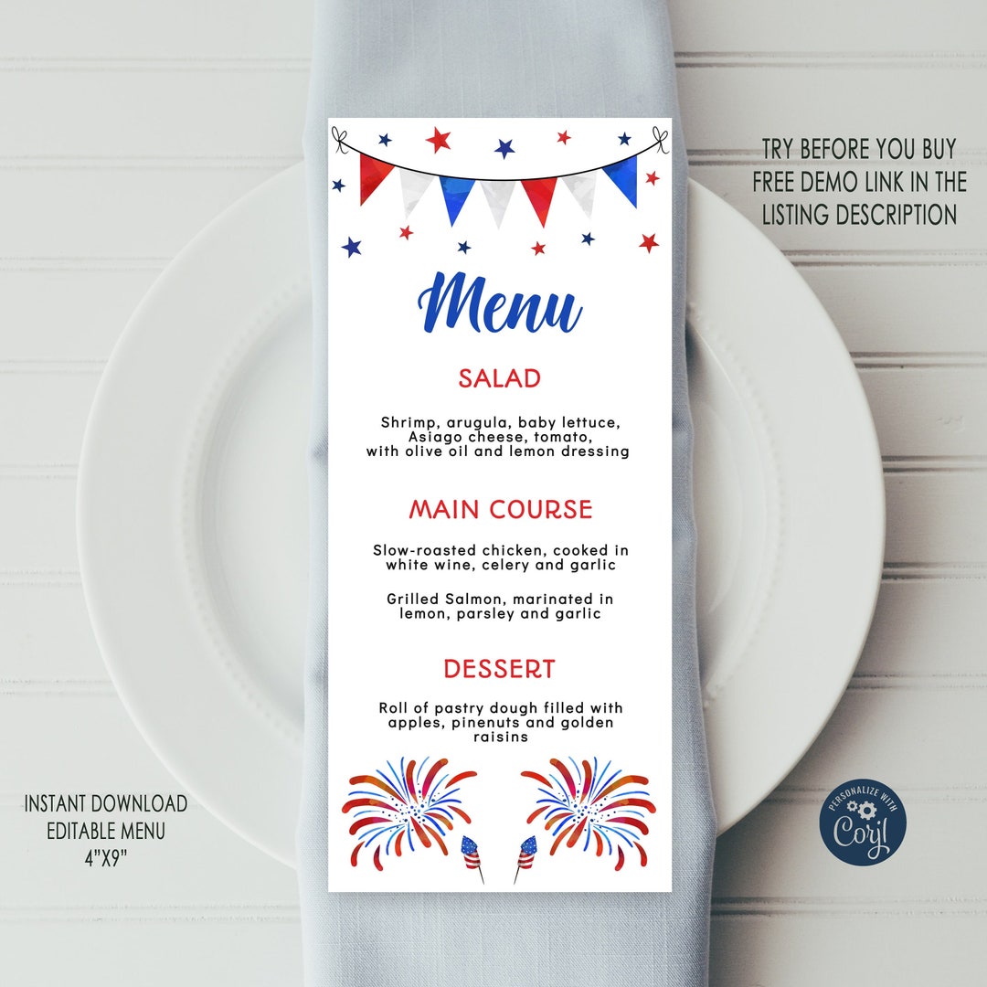 4th of July Menu Template, EDITABLE Menu, American Menu, Fourth of July 4th of July Menu Template, EDITABLE Menu, American Menu, Fourth of July